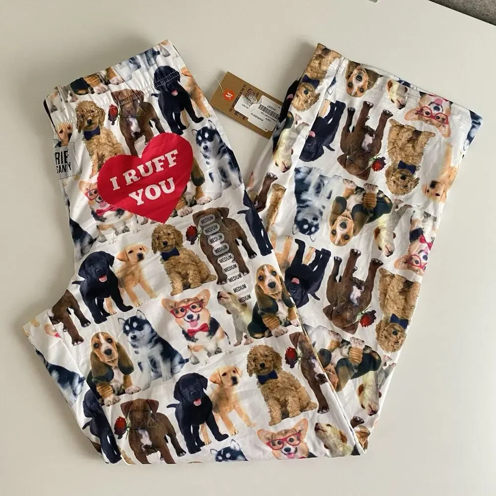 BRIEF INSANITY Lounge Pants Dog Puppies Novelty Sleep Medium‎ Unisex I Ruff You